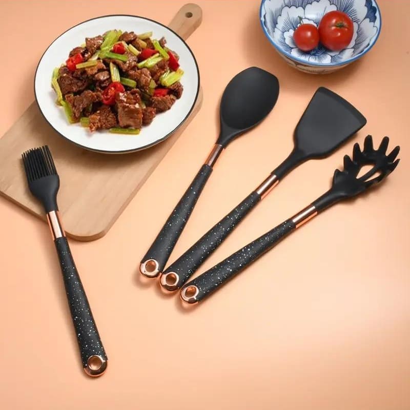 Ensemble d'ustensiles de cuisine en silicone de 10 pièces avec organiseur en rose